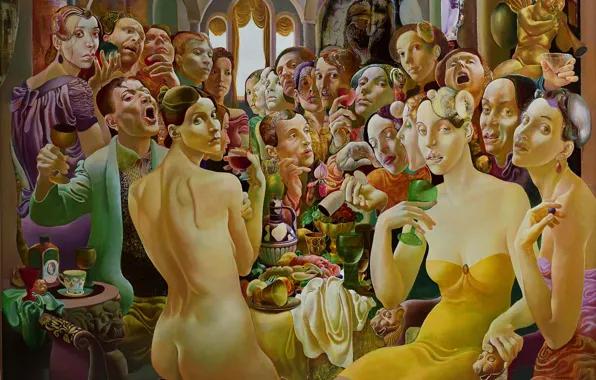 Picture Figurative painting, Normunds Braslins, 1994, Society II, Golden angel, people, feast