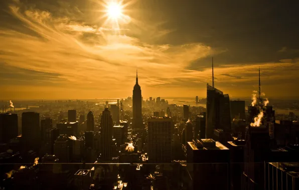 The sun, New York, skyscrapers, Sepia