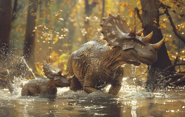 Water, Trees, Cub, Two, Horns, Animals, Triceratops, Digital art