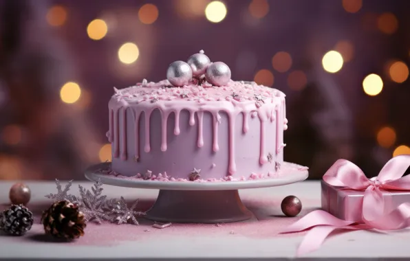 Pink, Christmas, cake, New year, cream, dessert, bokeh, AI art