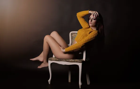 Sexy, pose, panties, chair, legs, beauty, sweater, Sara