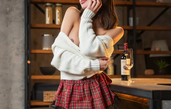 Chest, girl, pose, skirt, stockings, hands, mesh, jacket