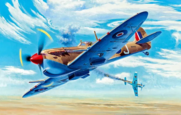 The second World war, North Africa, with rain, Spitfire Mk.Vc/trop, Bf.109F, universal wing type "C", …