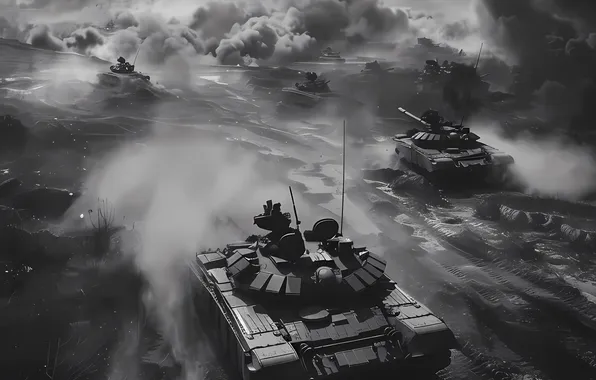 Picture Dust, Smoke, Retro, Tanks, Helicopters, Digital art, Offensive, Black and white