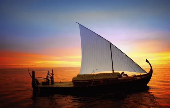 The ocean, boat, the evening, sail, The Maldives, walk