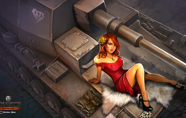 Picture girl, figure, dress, art, sitting, in red, SAU, World of Tanks