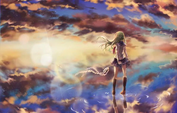 The sky, water, girl, clouds, sunset, reflection, anime, art