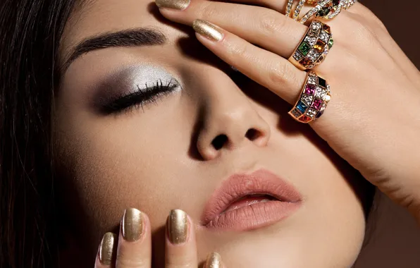 Picture girl, eyelashes, model, ring, hands, makeup, manicure, closed eyes