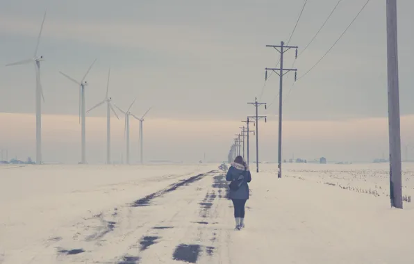 Road, girl, back, power lines, wind turbine, walking, winter snow