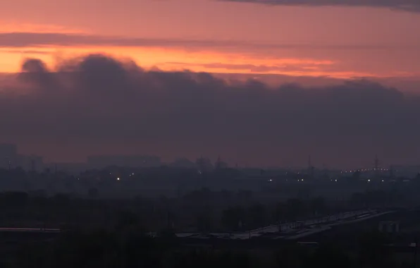 Road, the sky, clouds, trees, the city, fog, building, home
