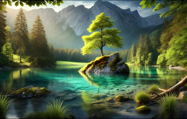 Forest, mountains, rock, lake, pine, AI art, neural network