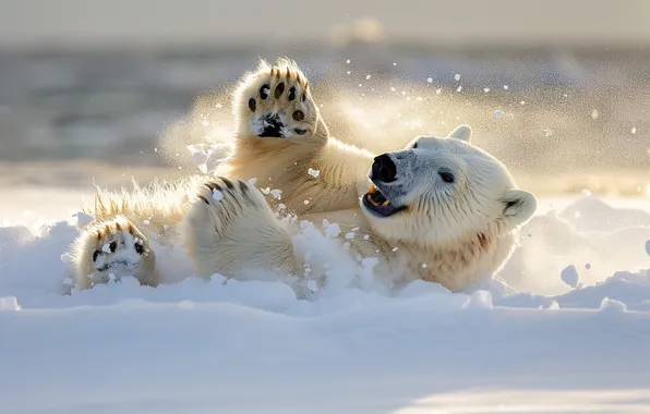 Winter, look, light, snow, pose, paws, the snow, lies