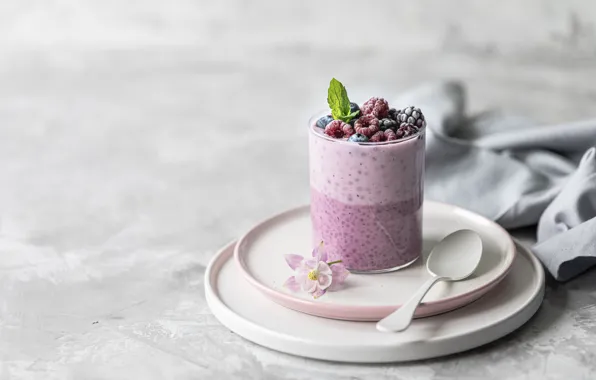 Glass, berries, Breakfast, spoon, muesli, yogurt, Chia, Karina Klachuk
