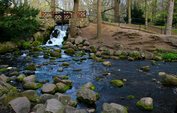 Water, park, waterfall, stones