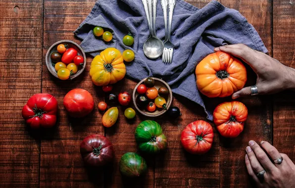 Board, yellow, hands, harvest, green, red, fingers, vegetables