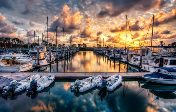 Sea, the sky, clouds, sunset, nature, boats