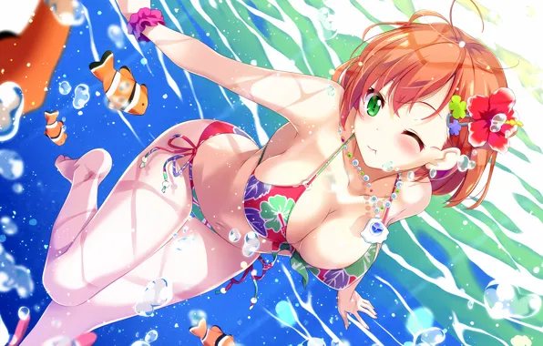 Girl, sexy, cleavage, flower, green eyes, legs, underwater, boobs
