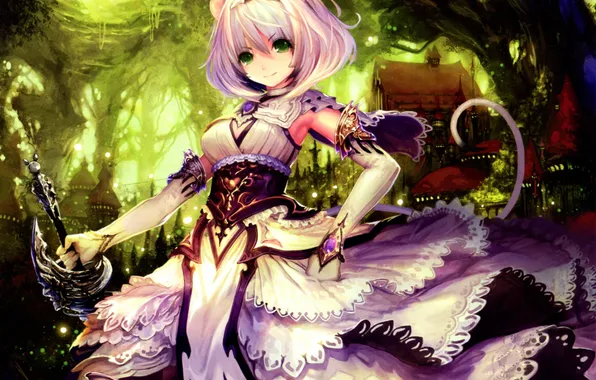 Picture forest, girl, trees, nature, house, weapons, sword, anime