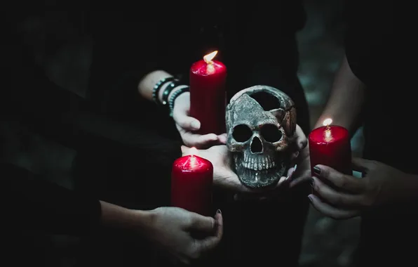 People, holiday, skull, candles, hands, Halloween, trio, in black