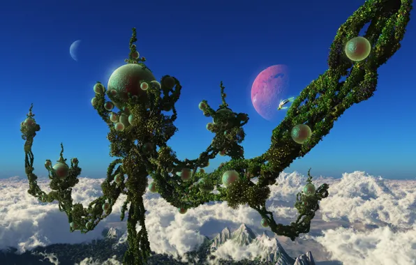 The sky, clouds, mountains, rendering, fantasy, the world, plant, planet
