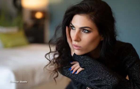 Face, pose, portrait, hands, makeup, piercing, brunette, hairstyle