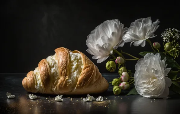 Flowers, the dark background, bouquet, croissant, AI art, neural network