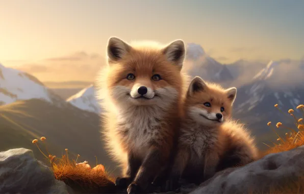Look, light, mountains, nature, Fox, Fox, a couple, mom