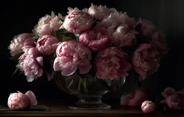 Flowers, the dark background, bouquet, pink, peonies, lush, Terry, AI art