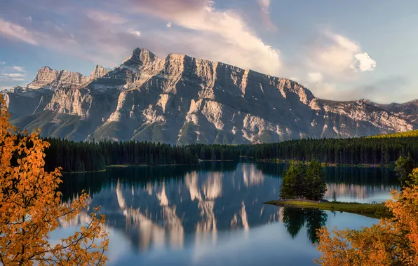 Forest, the sky, mountains, lake, shore, the slopes, pond