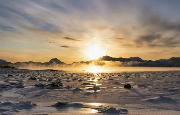 Picture mountains, morning, Norway, frozen, Lofoten