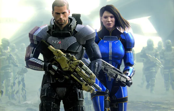 Picture weapons, war, soldiers, armor, shotgun, rifle, Mass Effect, Range