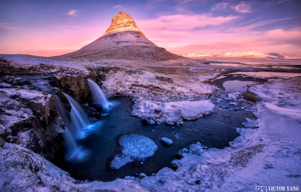 Winter, the sky, light, snow, river, paint, waterfalls, mountain Kirkjufell