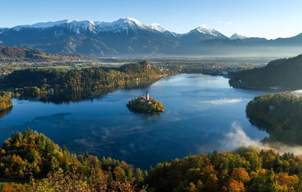 Picture autumn, mountains, island, Slovenia, The Julian Alps, lake bled, Church of the assumption of the …