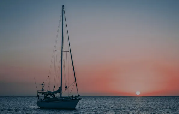 The sky, the sun, the ocean, morning, yacht, calm, at anchor