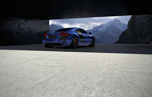 Picture Audi, Blue, Winter, Mountains, Supercar, Rear, Architecture