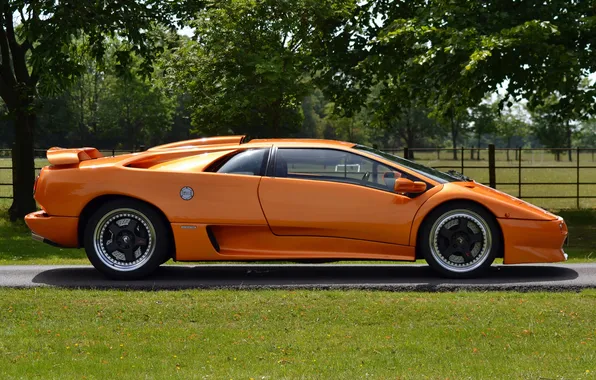 Trees, orange, Lambo, lamborghini, side view, diablo, Diablo