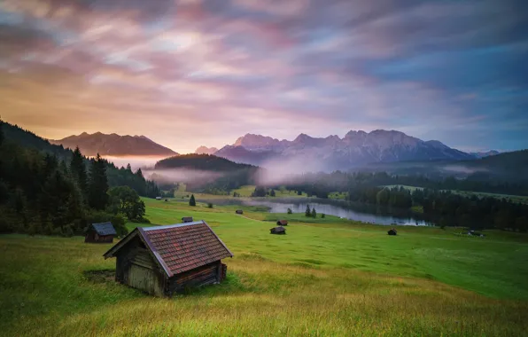 Forest, mountains, fog, lake, Germany, house, Germany, Bavarian Alps