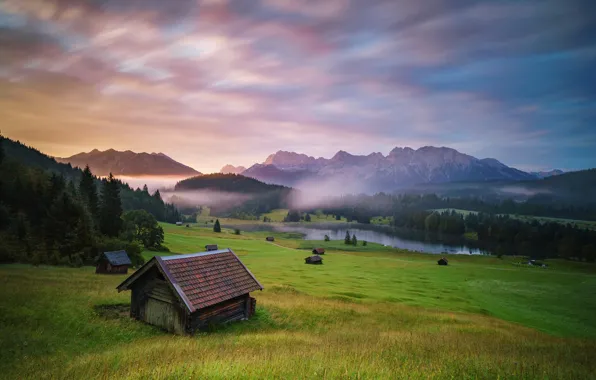 Forest, mountains, fog, lake, Germany, houses, Germany, Bavarian Alps
