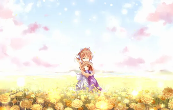 Summer, vacation, meadow flowers, flower field, hug, friend, blue sky, pink clouds