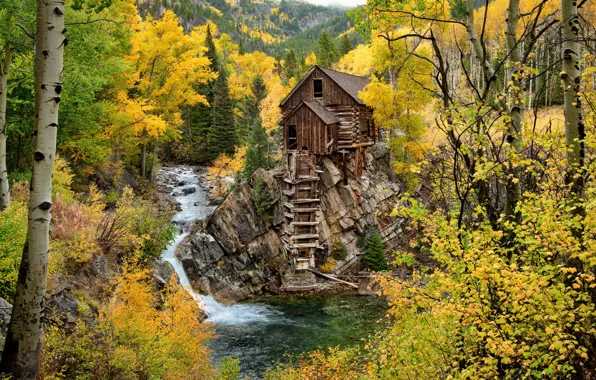 Autumn, forest, trees, river, waterfall, Colorado, water mill, Colorado