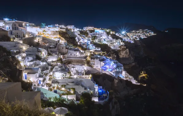 Mountains, night, the city, lights, rocks, shore, island, building