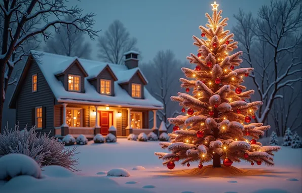 Winter, balls, snow, trees, house, lights, the evening, Christmas