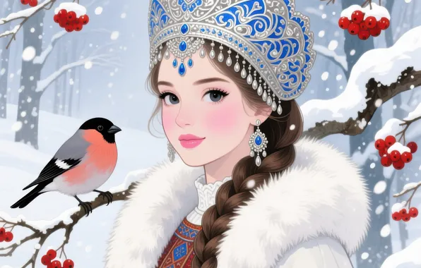 Winter, look, girl, snow, bird, new year, Christmas, the snow