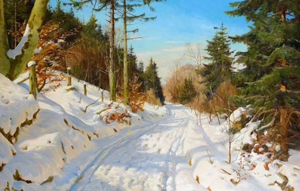 Picture Winter, Road, Trees, Snow, Picture, Danish artist, Harald Julius Niels Prin, Frederiksdal Skov