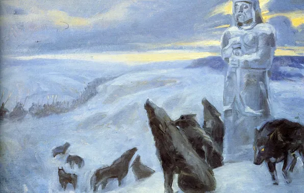 Picture winter, statue, cold, army, Klimenko Andrew, black wolves, Prophetic howl