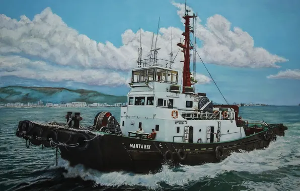 Sea, the sky, painting, fishing vessel, Manta Ray