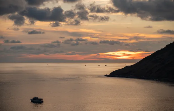 Sea, summer, the sky, clouds, sunset, Nature, Island, Yacht