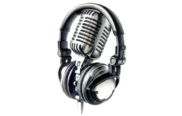 Picture headphones, white background, microphone