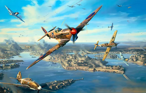 Picture figure, art, Spitfire, Bf-109, Nicolas Trudgian