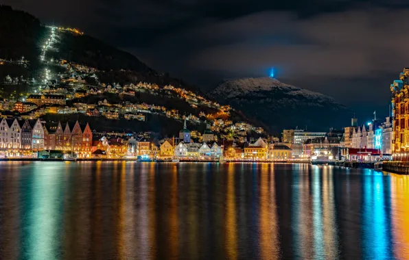 Mountains, night, lights, home, boats, Norway, lights, Bay